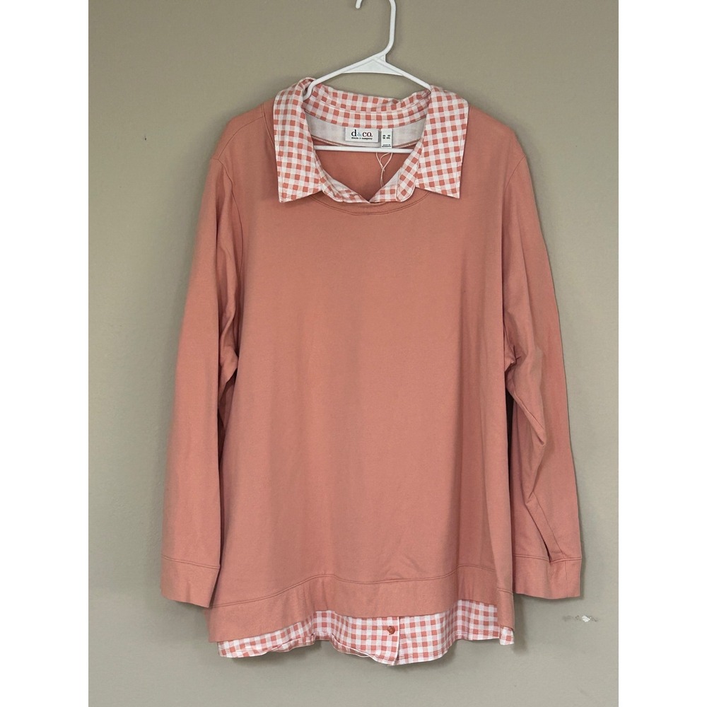Denim & Co Womens 3X Sweatshirt Gingham Layered Collar Hem Peach Pink Top